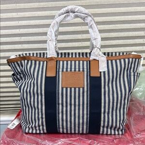Coach Navy and White Striped Travel Bag